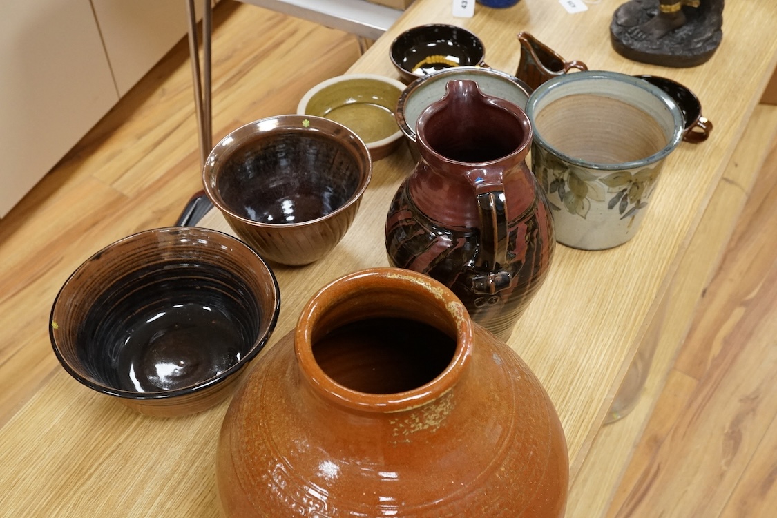 Muchelney and other studio pottery to include pots, a large vase and jug, largest 37cm high (10)